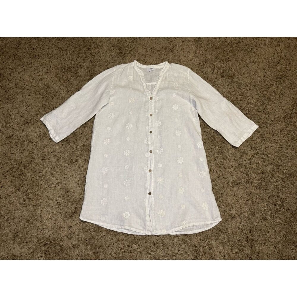 RoseMarine Italy Medium3/4 Roll Tab Sleeve White Linen Henley Tunic Top